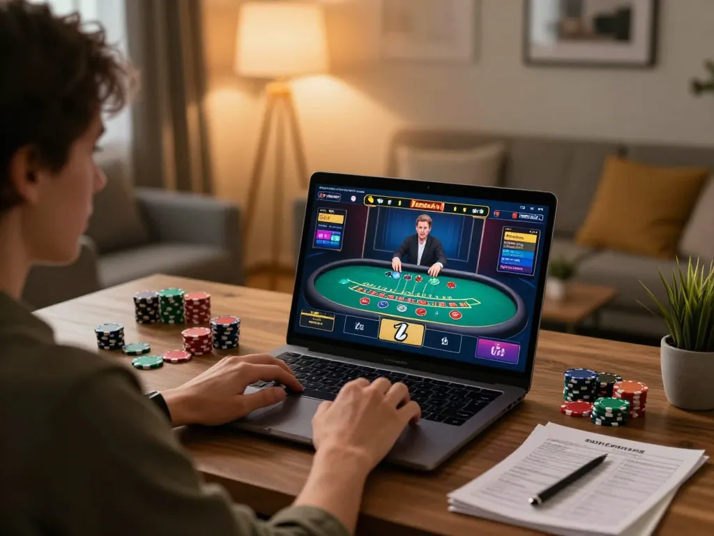 Engaging home gaming scene featuring five88 online blackjack session with strategy notes