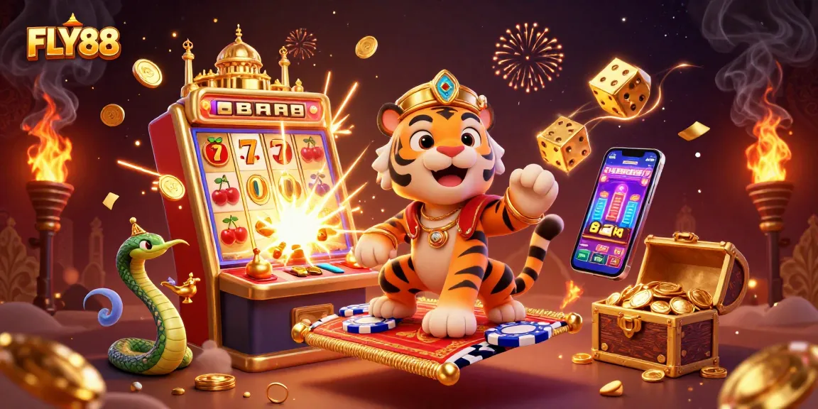 Experience FLY88's thrilling jackpot excitement with the Arabian-themed tiger sultan in a rich casino scene.