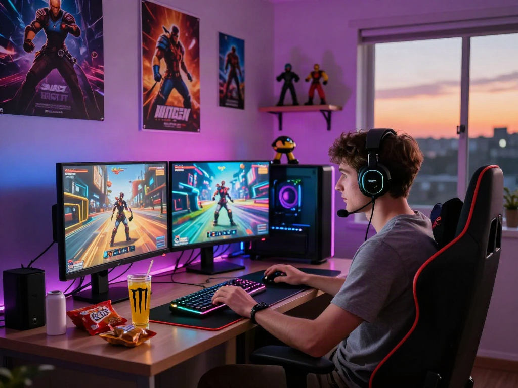 Gamer engrossed in playing a porn game on a vibrant gaming setup with neon lights, snacks, and posters.