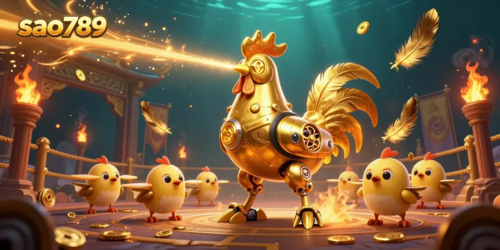Engage in thrilling play at sao789, featuring a golden rooster robot and drones in a vibrant, action-packed casino scene.
