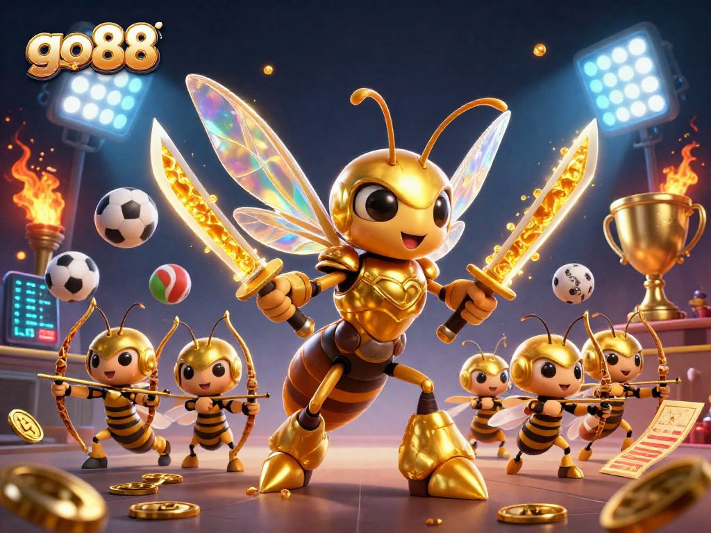 Experience thrilling games at go88 with a dynamic 3D illustration of a samurai hornet and sports elements.