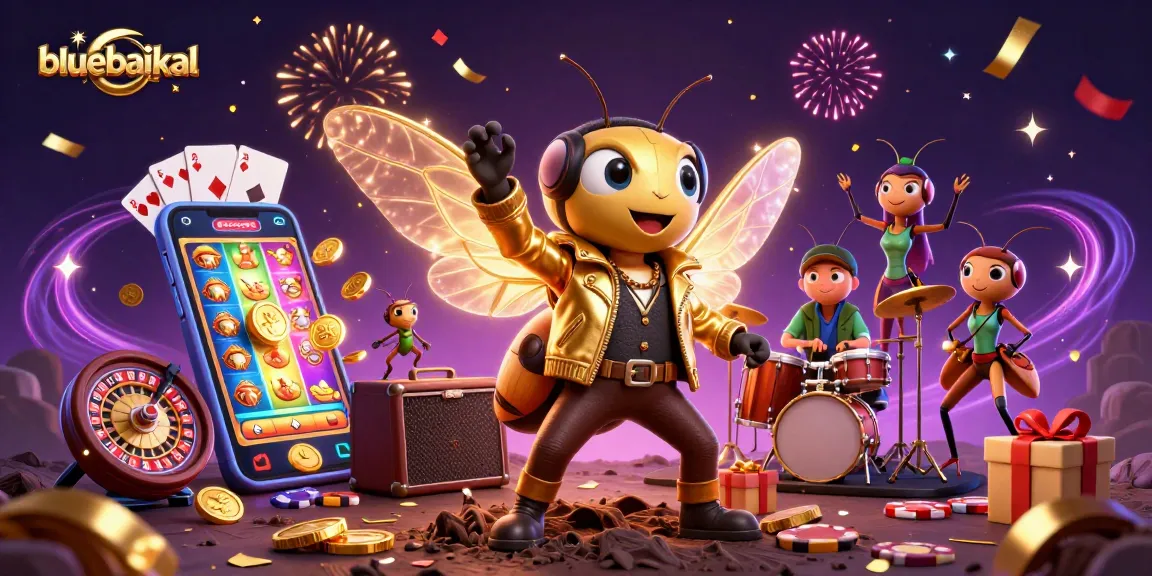 Experience the thrill of bluebaikal with a vibrant casino-themed illustration featuring a cicada rock star, slot games, and celebratory elements.