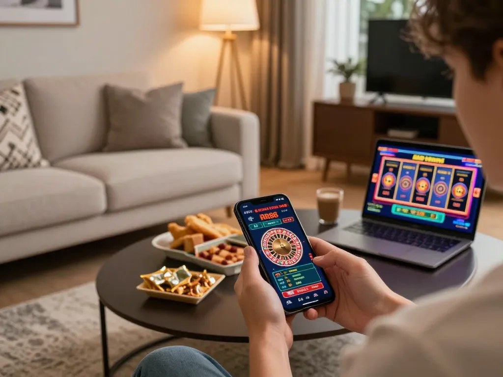 RR88 user enjoying an online gaming experience on a smartphone in a cozy home setting