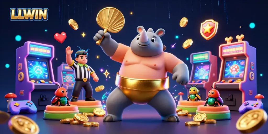 LLWIN showcases an engaging casino scene with a sumo champion beetle stomping coins, blending arcade gaming with excitement.