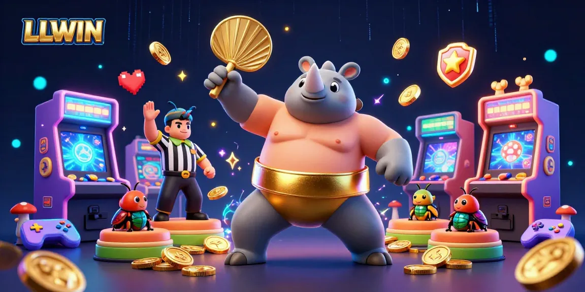 LLWIN showcases an engaging casino scene with a sumo champion beetle stomping coins, blending arcade gaming with excitement.