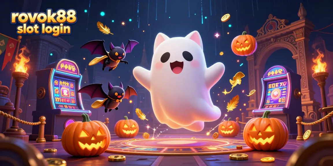 Engage with the thrilling rokok88 slot login experience, featuring a playful ghost cat and captivating casino elements.
