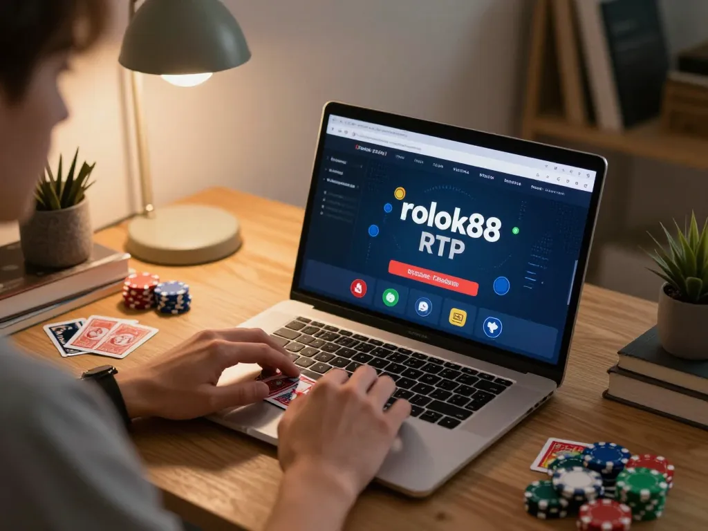 Player analyzing rokok88 rtp on laptop during strategic online gaming session at home.