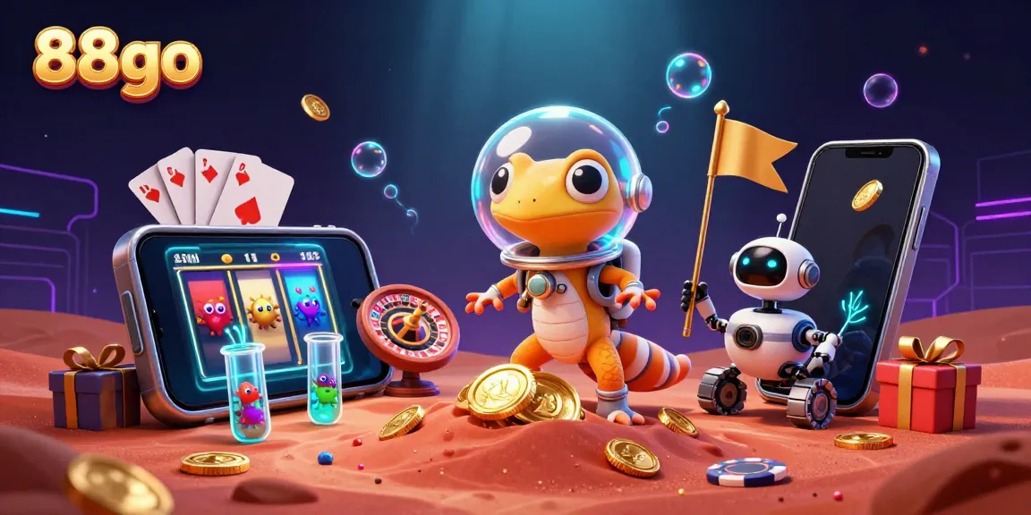 Experience the thrilling universe of 88go with a Martian gecko discovering a gold casino filled with game elements.