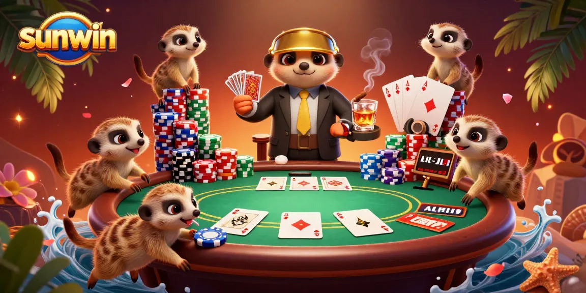 Experience high-stakes poker action at the sunwin casino with meerkats managing the game.