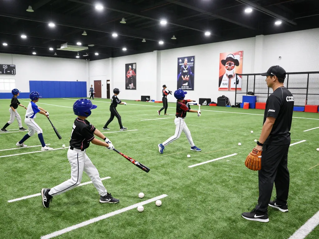 Youth baseball training at hitclub facility with athletes, bats, and coach