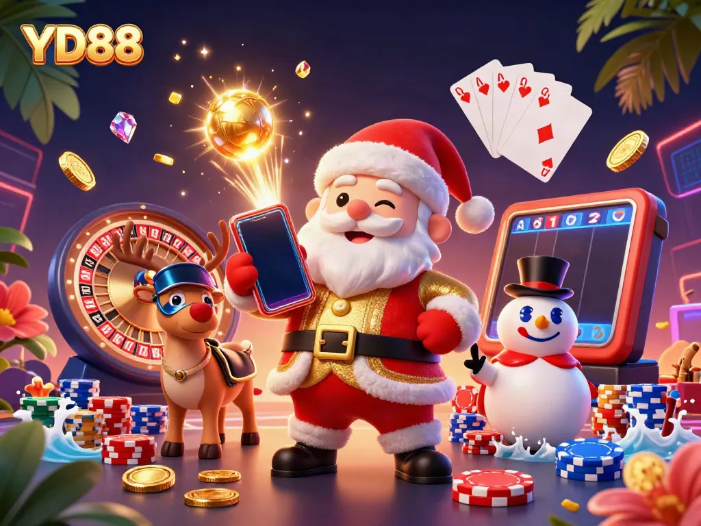 Spin for jackpots at YD88 with Santa and friends in a vibrant, festive casino scene.