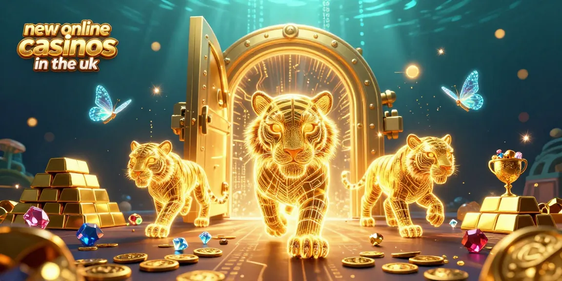Experience the thrill of new online casinos in the uk with a neon-wireframe tiger and gold treasures.