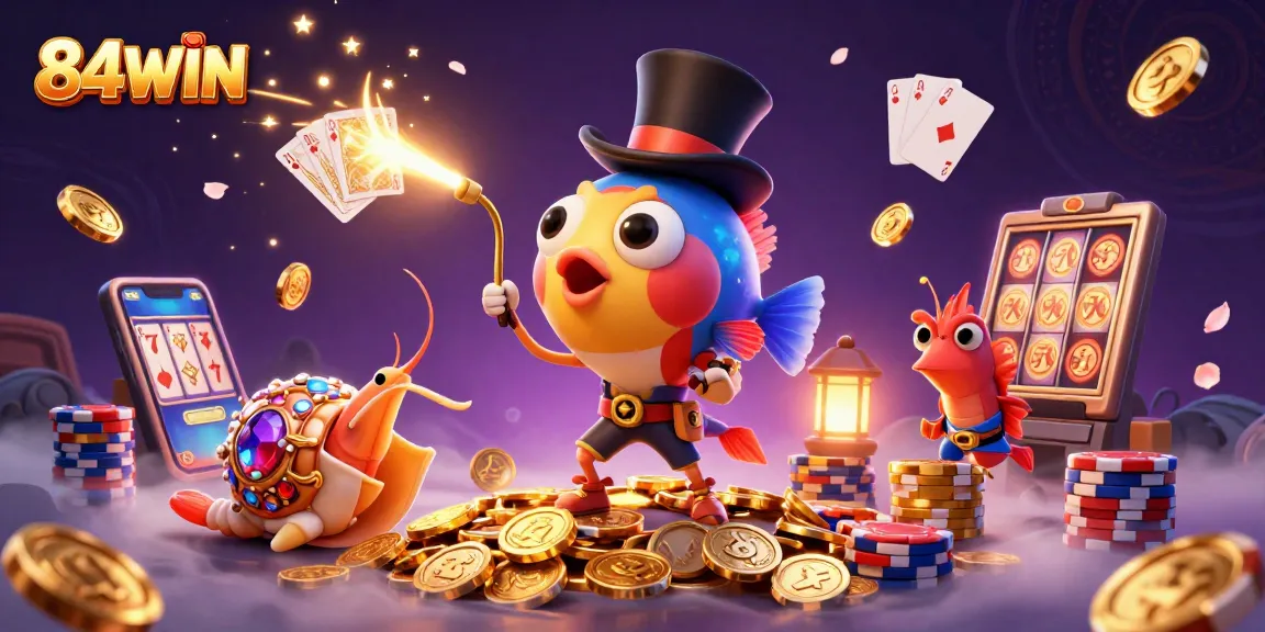 Engage with the exhilarating world of 84WIN as fortunes glow and golden coins flow in an action-packed casino scene.