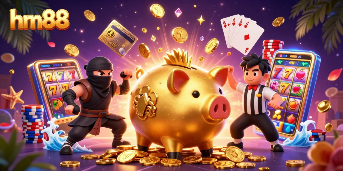 Experience thrilling slots and casino excitement with hm88's dynamic 3D illustration, featuring lively game elements.