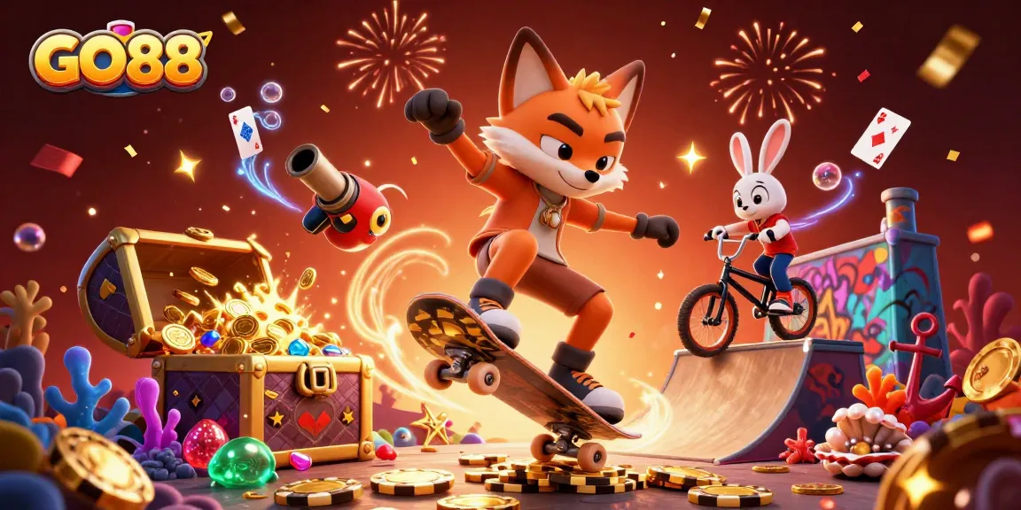 Experience exciting gaming at GO88 with dynamic characters, vibrant casino elements, and action-packed visuals.