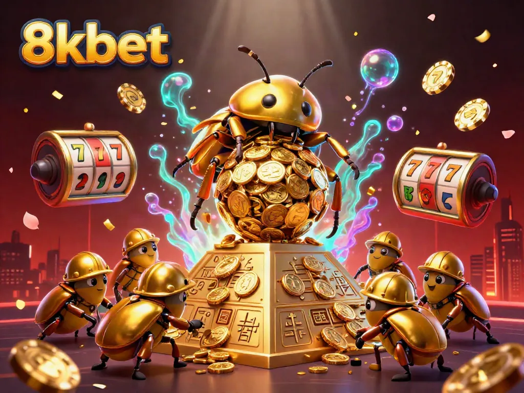 Spin and win with 8kbet in a vibrant 3D casino scene filled with gold coins and joyous elements.